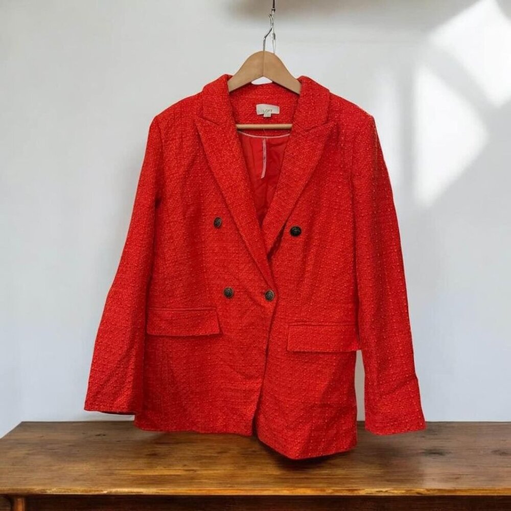 Women's Loft NWT Double Breasted Tweed Rapture Red (Coral) Blazer-Size 12